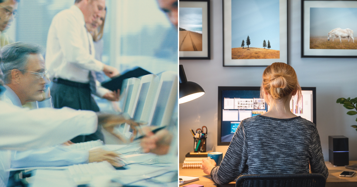 Finding the Balance: shows someone working from home one side and someone in a bustling office on the other