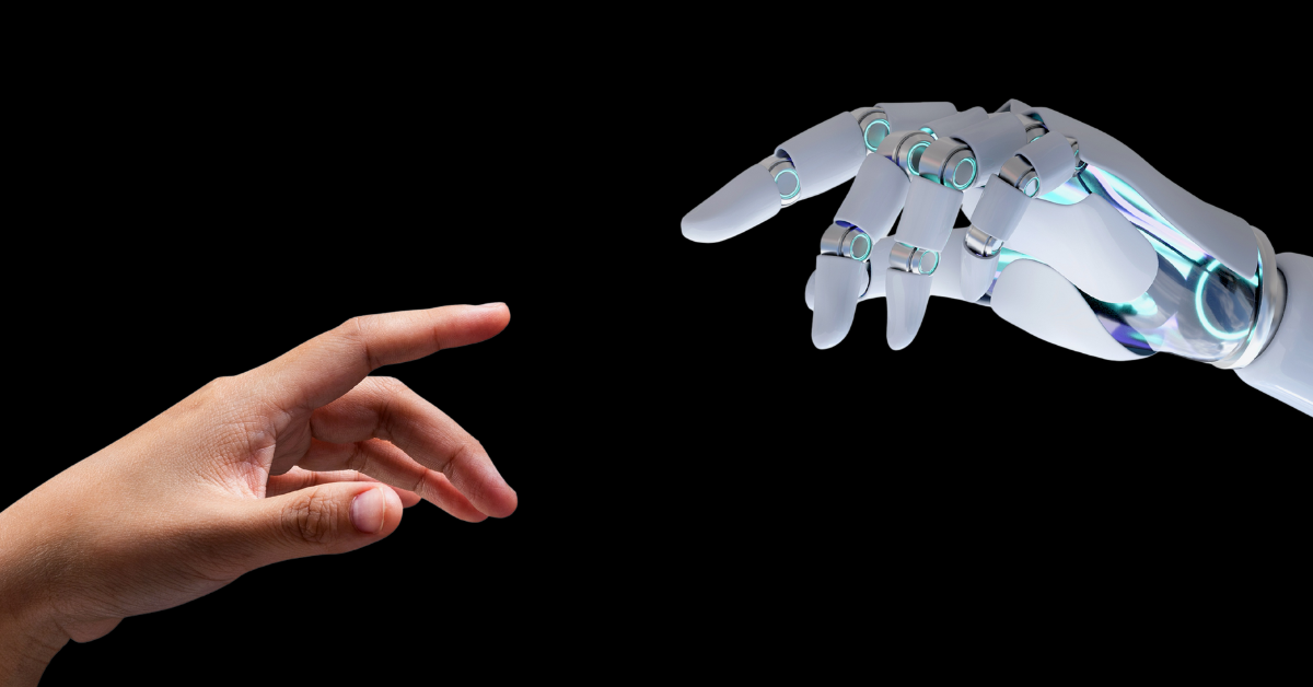 Data-driven insights powering recruitment with AI and tech, but we need to keep that human element. Image shows a human hand outstretched to a robot hand doing the same thing opposite side.